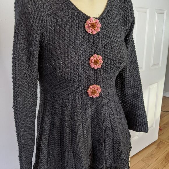 MANOUSH Anthropologie Black Wool Blend Soft Knit sequin Flower Sweater cardigan - Picture 3 of 12